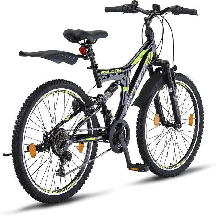 Гірський велосипед Chillaxx Bike Falcon, 24/26/27.5/29 дюймів, для хлопців, дівчат, жінок і чоловіків, дискові гальма, 21 швидкість, повна амортизація, чорний/лайм, V-гальма