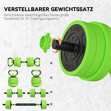 Набір гантелей 4-в-1: 20 кг, регульовані штанги, гантелі та гирі, ручки для віджимань, колір - зелений