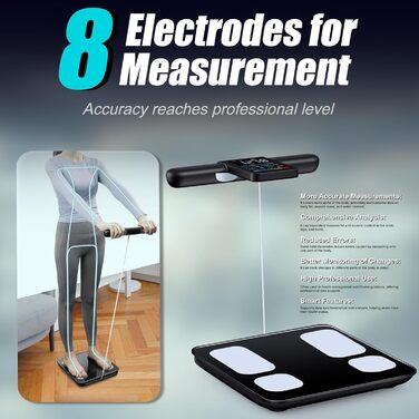 Розумна ваги для тіла з ручкою, 8 електродів, 28 показників, сегментне вимірювання рук/ніг/тулуба, великий дисплей, синхронізація з додатком, до 180 кг