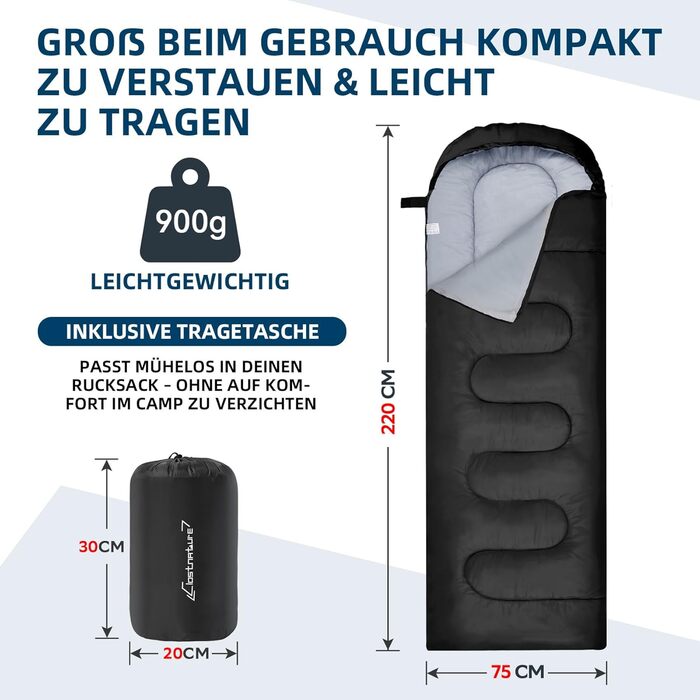 Спальний мішок Clostnature для кемпінгу та подорожей - Легкий, компактний, 3-сезонний, чорний, 0.9 кг
