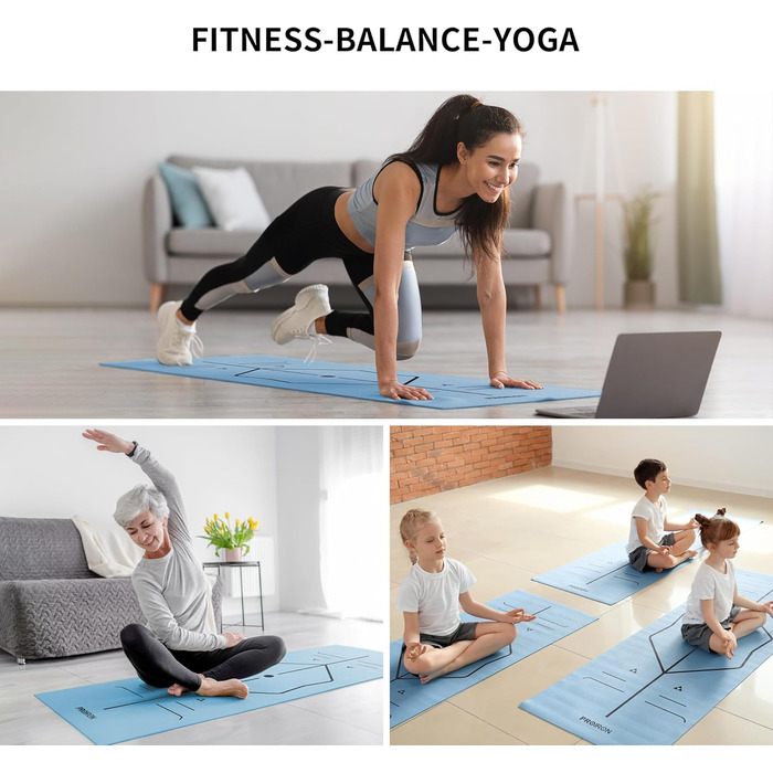 Йога мат PROIRON, неслизька, з розміткою, для йоги, фітнесу та спорту, блакитна