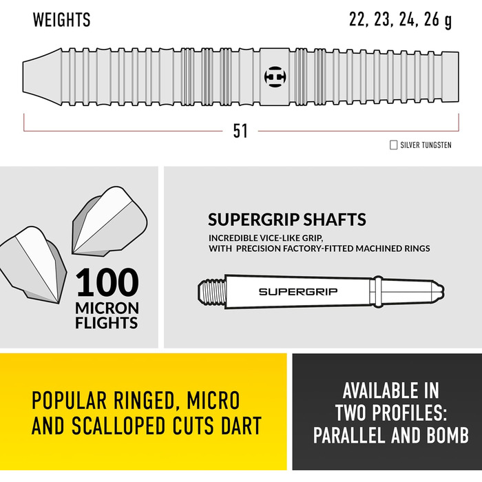 Професійний набір дротиків Harrows NX90 Bomb & Parallel, 90% вольфрам, усі ваги, 10 шт з чорними Supergrip