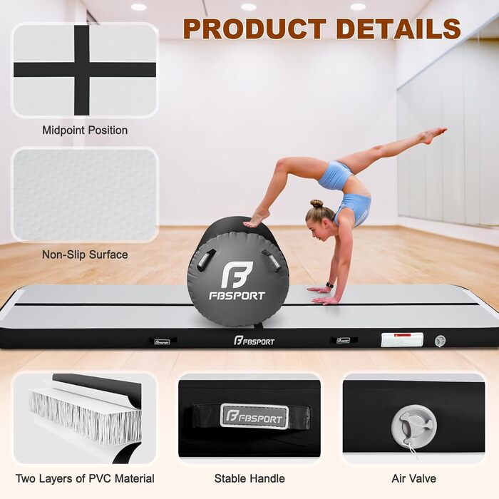 FBSPORT Килимок для гімнастики та йоги надувний, 400x100x10 см, з ролею, чорно-сірий