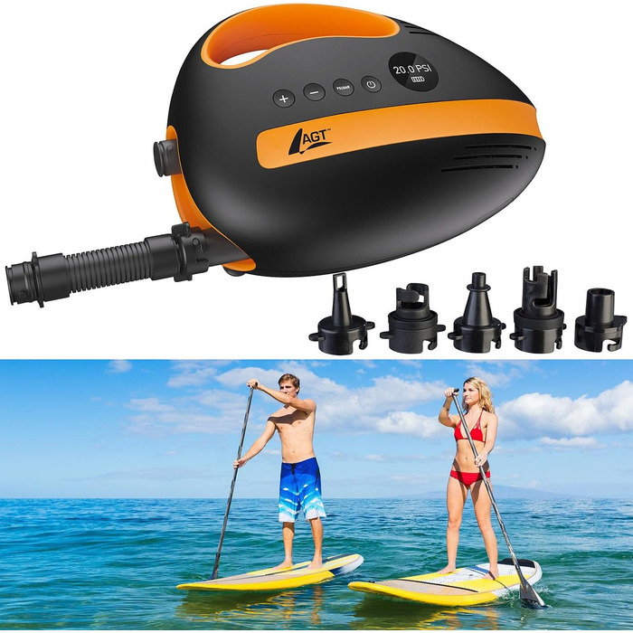 Акумуляторний насос для SUP-дошок AGT SUP: потужний компресор, 350 л/хв, 3 x 4000 mAh, USB, 12V