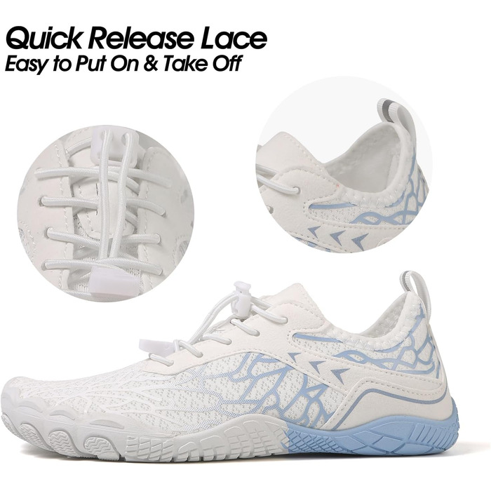 Взуття для плавання, водяні черевики для жінок, п'ятипалі, неслизька підошва, швидке висихання, дренажна система, легкі босижні черевики для багатоцільових активностей, білий/блакитний, 36-47 EU, Whiteblue 811 42 EU