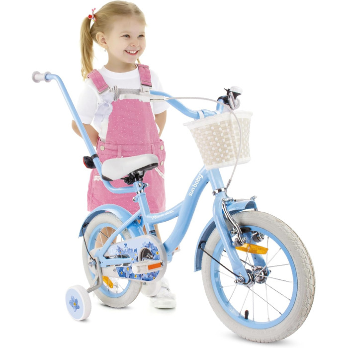 Дитяче велосипед Sun Baby Flower Bike для дівчаток, 14 дюймів, знімний ручка-штовхач, 2-6 років (Блакитний)