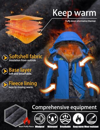 TACVASEN чоловіча тепла зимова куртка з капюшоном, водонепроникна, функціональна, блакитна