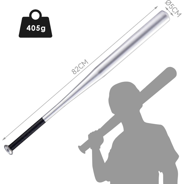 Бейсбольна бита сталева – 82 см, з неслизькою ручкою для спорту, відпочинку та безпеки, міцна та довговічна для дорослих та підлітків (алюміній 405 г, срібна)