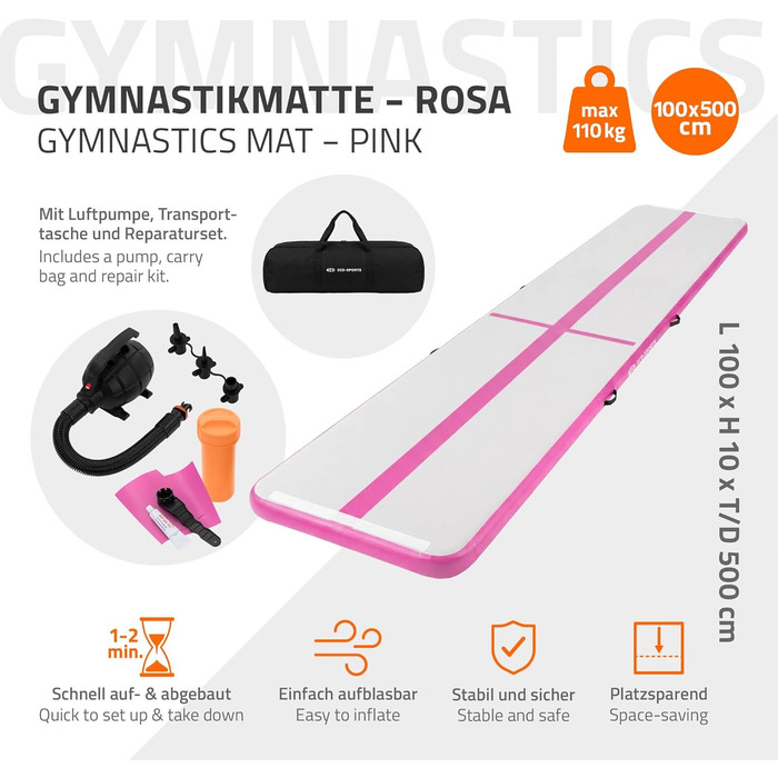 Гімнастичний мат Airtrack ECD Germany для тумблінгу та фітнесу, надувний повітряний тренажер (500 x 100 x 10 см), рожевий, з електричним насосом та сумкою