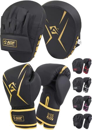 Набір для боксу AQF: боксерські рукавички 14oz та вигнуті лапи для тренувань з боксерської груші, кікбоксингу та єдиноборств, штучна шкіра, багатошаровий наповнювач (Золотий)