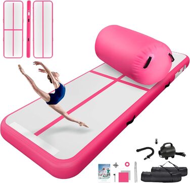 Airtrack мат для гімнастики 10 см, 3м/4м + повітряний рол 100x60см, електричний насос (Рожевий, 300x100x10см + 100x60см)