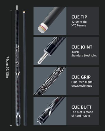 Більярдний кий CRICAL з карбону, 147,3 см, професійний, з'єднання 3/8 x 8, наконечник 12,5 мм, COWCUE-02