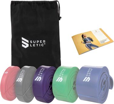 SUPERLETIC Powerbands – фітнес-стрічки для опору, тренувальні гумки для підтягувань, силових і функціональних тренувань, 5 рівнів жорсткості, з посібником вправ