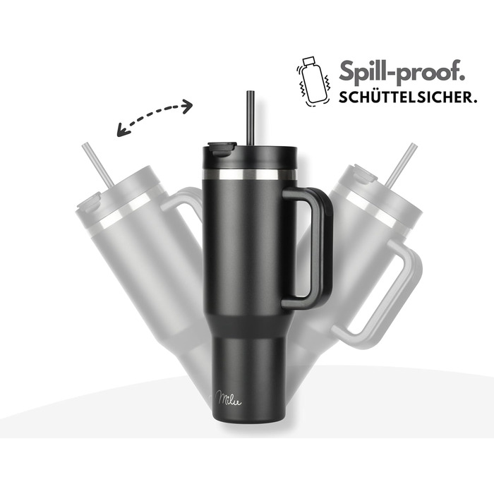 Термокухоль Milu 1200 мл з соломинкою та ручкою, нержавіюча сталь, 40oz, чорний - ізольована пляшка для напоїв на 48 годин холодного/24 години холодного/12 годин гарячого