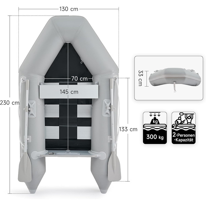 Надувне човен Dartmoor для 2 дорослих: сірий човен з алюмінієвим дном, веслами та насосом (230x130x33 см)