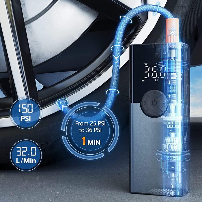 Портативний електричний насос-компресор ZORUMAN 6000mAh, 150 PSI для авто, мотоцикла, велосипеда