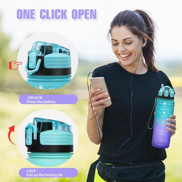 Спортивна пляшка для води 1л/500мл/700мл/1500мл Tritan, BPA-free, з маркуванням часу - для фітнесу, велосипеда, йоги, школи, тренажерного залу. Кольори: темно-зелений, темно-синій, синьо-фіолетовий (1000 мл, синій)