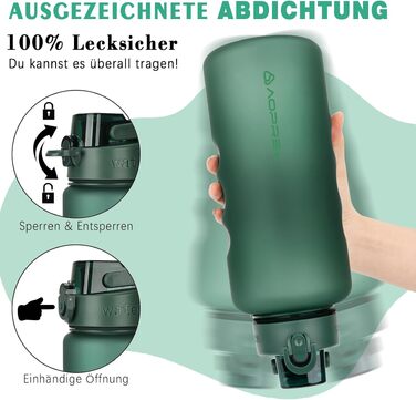 Спортивна пляшка для води AOPREL 1.5L з фільтром, Tritan BPA-free, герметична пляшка для фітнесу, походів, школи та офісу (Зелена)