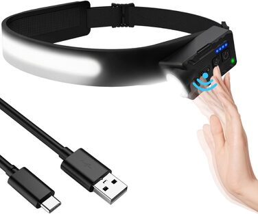 LED налобний ліхтар з акумулятором, регульований кут 270°, 1200 люменів, 7 режимів, датчик руху, водонепроникний IPX4, 2400mAh, для кемпінгу та піших прогулянок, чорний