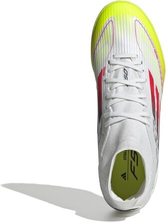 Жіночі футбольні бутси adidas F50 League Mid для гри на траві, розмір 38 2/3 EU, кольори: Cloud White, Lucid Red, Solar Yellow