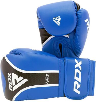 Боксерські рукавички RDX Aura Plus T-17 – шкіра Maya Hide, підкладка MG-3, піна Max-Shock – для тренувань, спарингу, кікбоксингу, муай-тай – система фіксації Quick-EZ – 283.5-453.6 г – червоні, сині, золоті (синьо-чорні, 12 oz)
