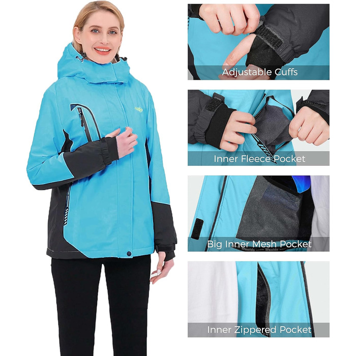 Жіноча гірськолижна куртка Wantdo, тепла флісова куртка, водонепроникна, дихаюча, вітрозахисна, з капюшоном, для активного відпочинку, турквіс, розмір M