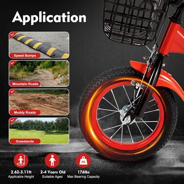 Дитячий велосипед 12 дюймів для дівчаток та підлітків, 3-6 років, з кошиком, червоний