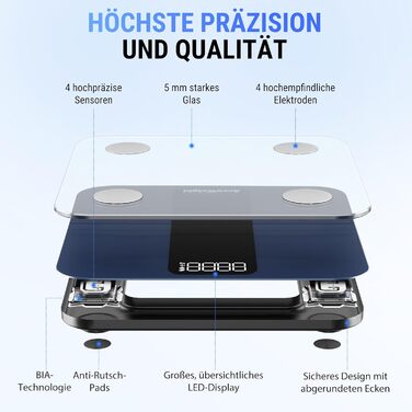 Вага для вимірювання жиру та м'язів ACCUWEIGHT з Bluetooth, аналіз тіла, вимірювання 17 показників, до 180 кг