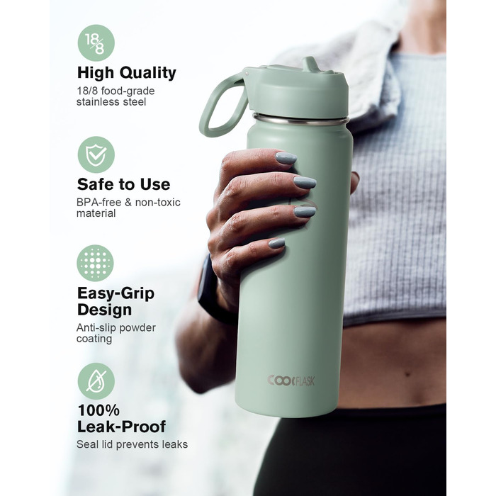 Фляга Coolflask 1,2 л з ізоляцією та трубочкою, нержавіюча сталь, 3 кришки, для спорту та офісу, зберігає холод до 48 годин, тепло до 24 годин, сіро-зелений колір