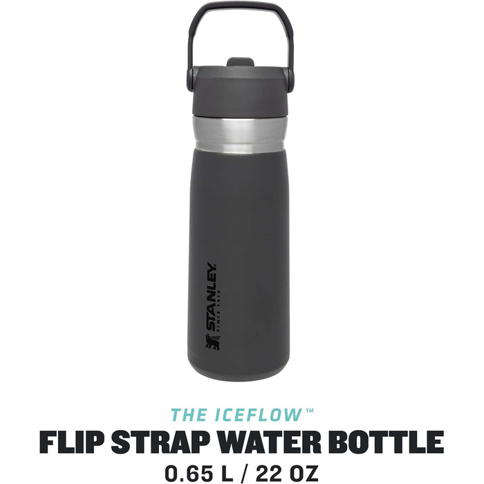 Термобутилка Stanley Iceflow Flip Straw з нержавіючої сталі, 0.65 л, з трубочкою, утримує холод 12+ годин, герметична, BPA Free, підходить для посудомийної машини, колір чорний