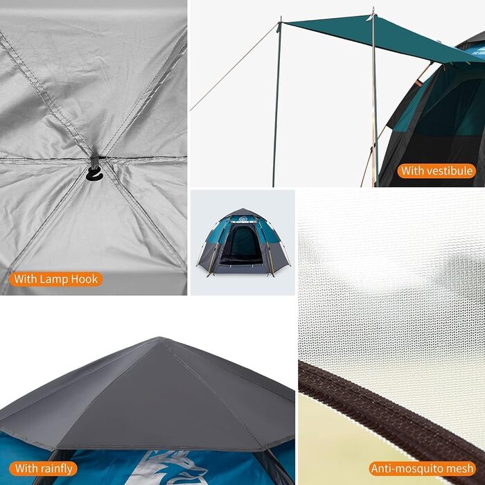 Намет для кемпінгу HEWOLF Pop Up 2-4 особи з тамбуром, Ultralight, сімейний, швидкорозкладний, армійний зелений