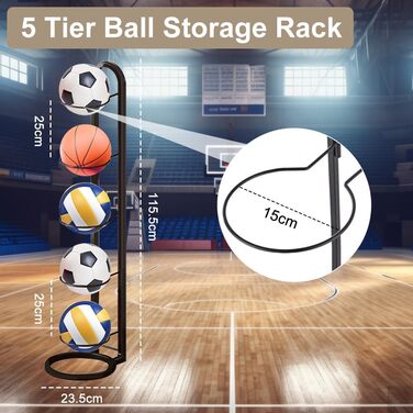 Стійка для зберігання м'ячів Kleemeiero: баскетбольний, футбольний, волейбольний, 5 м'ячів, 23.5 см, білий/чорний