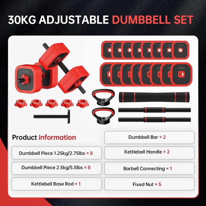Набір гантелей JOROTO 30 кг 4-в-1: гантелі, штанга, гиря та бруси для дому. Ідеально для силових тренувань та фітнесу.