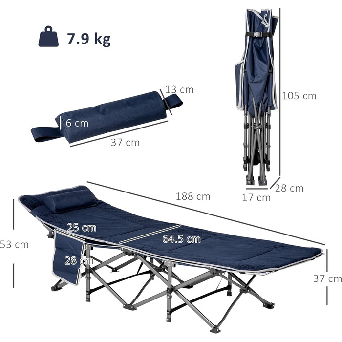 Розкладне туристичне ліжко Outsunny з подушкою та кишенею, 188 x 64,5 x 53 см, до 150 кг, синій