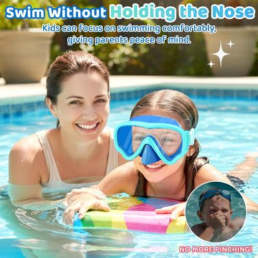 Дитячі маски для снорклінгу Vvinca з тканинним ремінцем, маски для плавання для дітей 3-14 років, хлопчиків та дівчаток, маска для дайвінгу 180° панорамний анти-затоплення (2-блакитний+зелений)