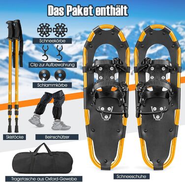 Снігоступи GYMAX 63 см з алюмінію, розмір 35-45, з підйомником, 2 палиці та сумка, комплект снігоходів для чоловіків та жінок, золотий