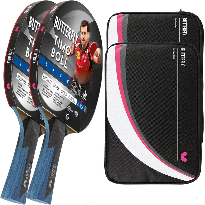 Професійна ракетка для настільного тенісу Butterfly Timo Boll Black з ITTF сертифікованим покриттям Wakaba, анатомічною ручкою, комплект з 2 чохлами DC2 і додатковою ракеткою, для досвідчених гравців