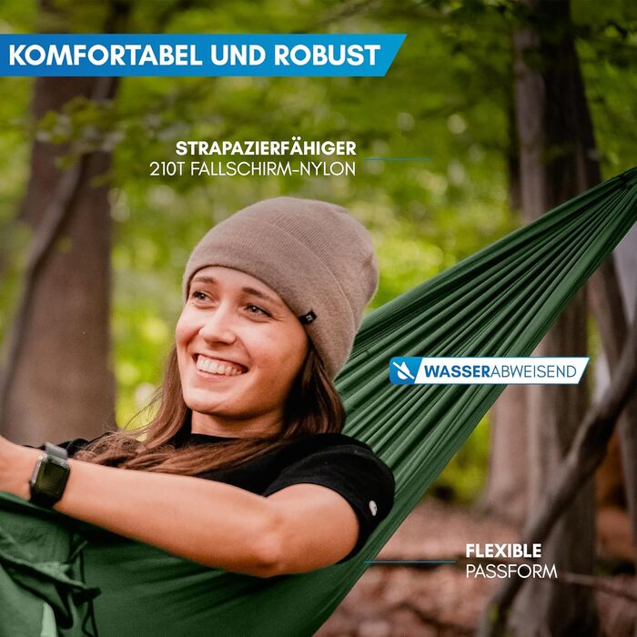 Гамак NORDMUT® ультралегкий для відпочинку на природі [з комплектом кріплення] для кемпінгу, відпочинку на вулиці та в саду - максимальне навантаження 300 кг, зелений (170x300 см)
