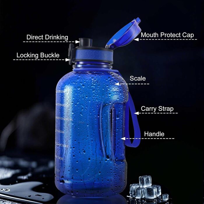 Фляга для води GEMFUL 2L з позначкою часу - BPA-free, без витоку, спортивна фляга 2L з ручкою для фітнесу, офісу та відпочинку на природі (Короїдний блакитний)