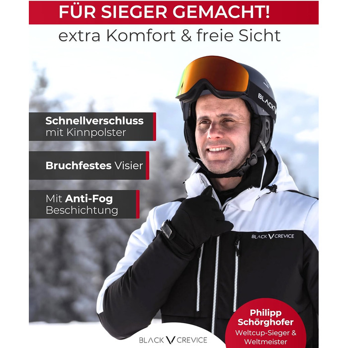 Шолом гірськолижний BLACK CREVICE Gstaad з візором (пілотський стиль) | Полікарбонат, дихаючий, регульований (51-53 см, S/M = 54-57 см)