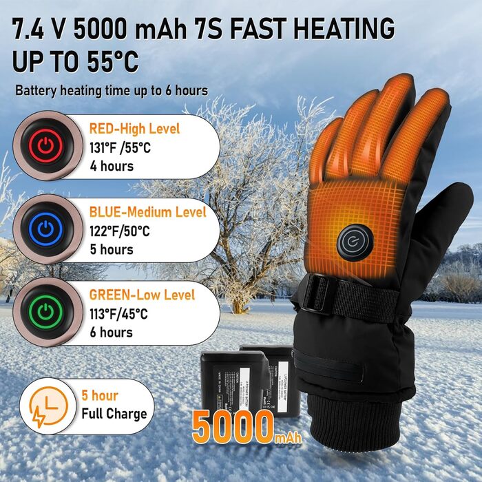 Електричні грілки для рук для чоловіків та жінок, 7.4V 5000mAh/6000mAh, акумуляторні, сенсорний екран, 3 режими 45/50/55°C, антиковзні, для катання на велосипеді, лижах, кемпінгу, чорні