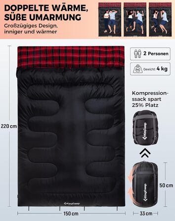 Спальний мішок KingCamp на 2 особи з фланнелю для зими, 3-4 сезони, з подушками, для кемпінгу та відпочинку на природі (чорний)