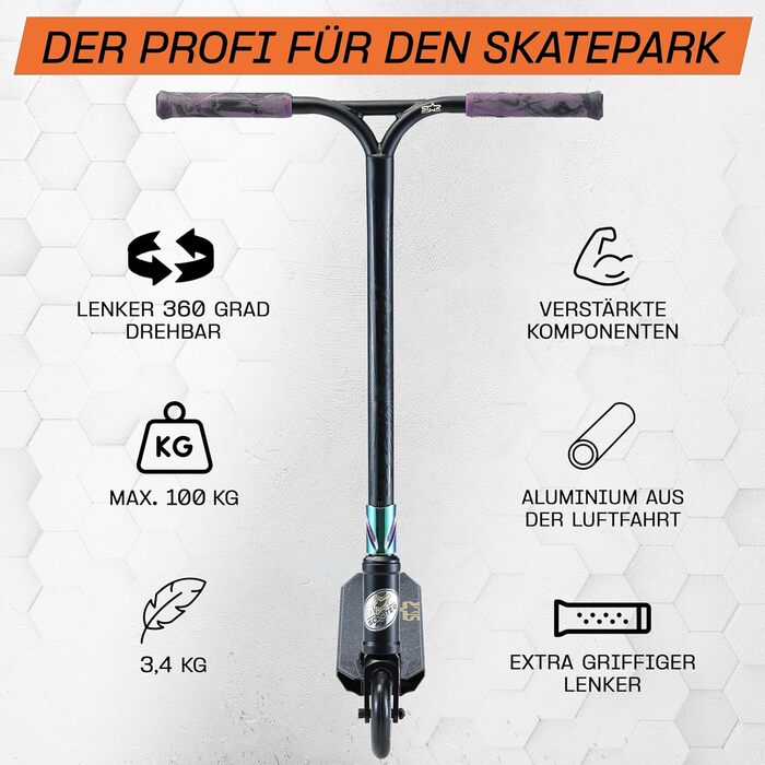 Трюковий самокат STAR SCOOTER 110 мм, алюмінієвий, ABEC-9, HIC, для дітей від 8 років, чорний хром