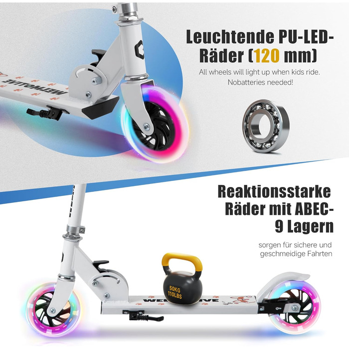 Самокат дитячий Roller 2-колісний, складаний, з LED-підсвічуванням коліс, регульована висота (3 положення), білий, для хлопчиків та дівчаток 3-12 років
