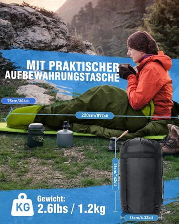 Спальний мішок 3-4 сезони, водонепроникний, ультралегкий, 220*75 см (зелений)