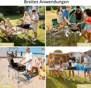 Стіл для кемпінгу Anbte Grilltisch 58x40 см, алюмінієвий каркас, регульована висота (26/48/70 см), складаний, для пікніка, BBQ, саду, балкону (срібний)