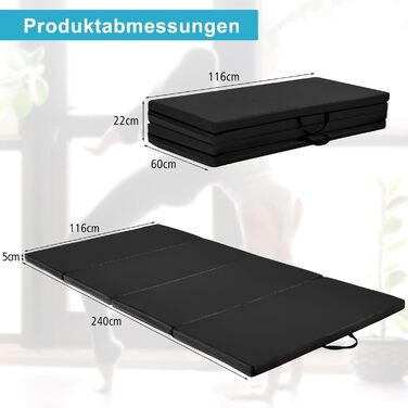 Складаний гімнастичний мат COSTWAY 240x120x5 см чорний, фітнес-мат для йоги та тренувань із ручками і липучками