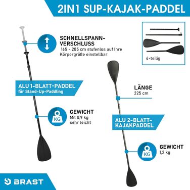 Надувний SUP Board BRAST Shark | Комплект для станд-ап паділбордингу | 320x81x15 см | 8 дизайнів | 5 років гарантії | з аксесуарами | 2в1: SUP Board та каяк | тримач для Action Cam, ланцюг для ніг, насос, рюкзак | Колір: блакитний
