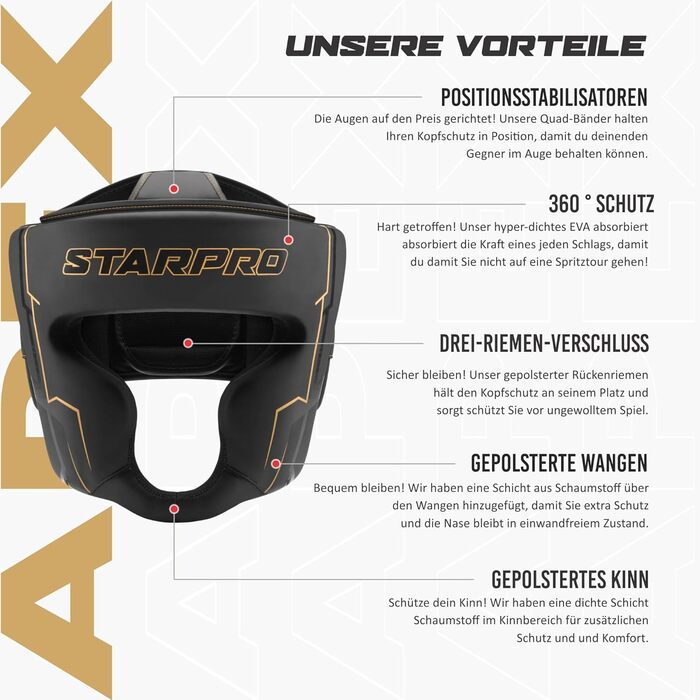 Захист голови для боксу Starpro - преміум-захист для спарингу з повним обличчям, легкий дизайн та оптимальна посадка для максимальної безпеки, чорний/золотий, розмір M