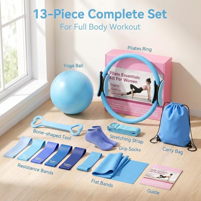 Набір для пілатесу та йоги для жінок-початківців Home Pilates & Yoga Starter Kit (22,9 см м'яч, гумові стрічки, кільце для пілатесу, ремені на щиколотки) - синій